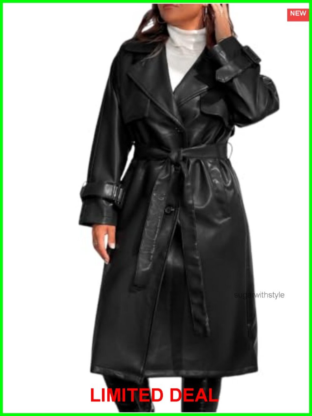 Plus Size Faux Leather Moto Long Trench Coat Belted Cuff Straps